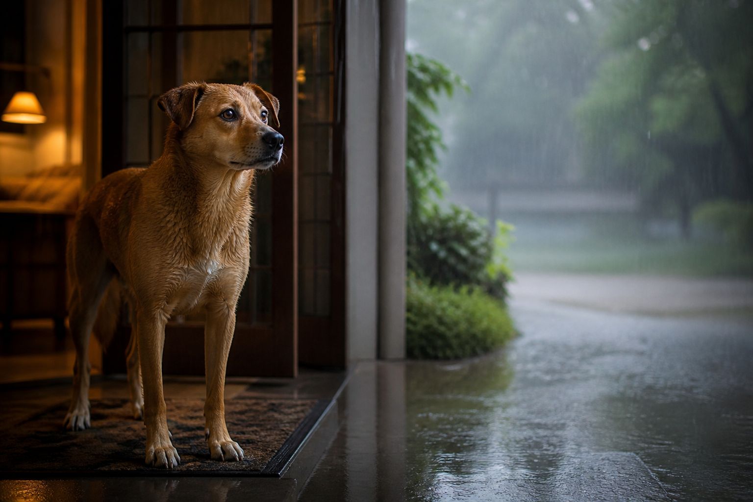 Dog and owner preparing for a rainy-season walk with monsoon pet care in Indore