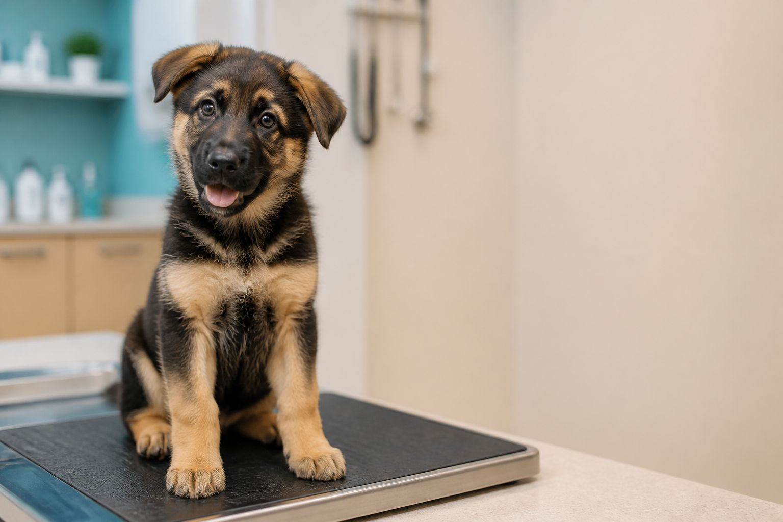 Young puppy on a veterinary exam setup during an early wellness visit in Indore