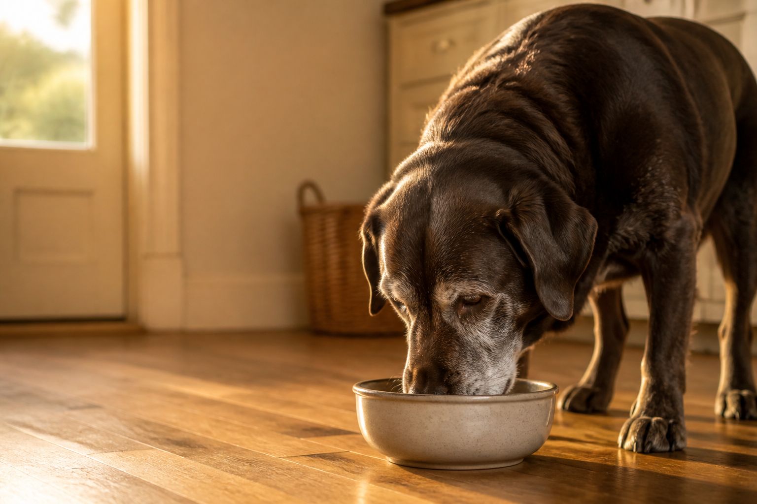 Senior dog waiting calmly near food bowls during a thoughtful mealtime routine