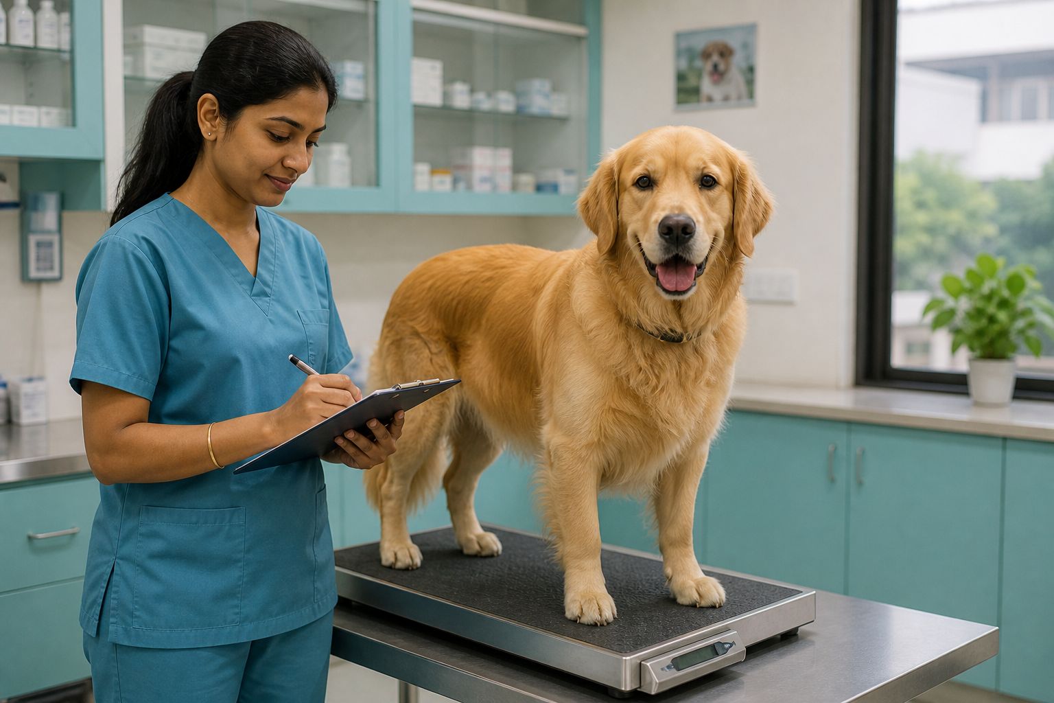Dog wellness checkup and weight assessment at Happy Tails Pet Clinic