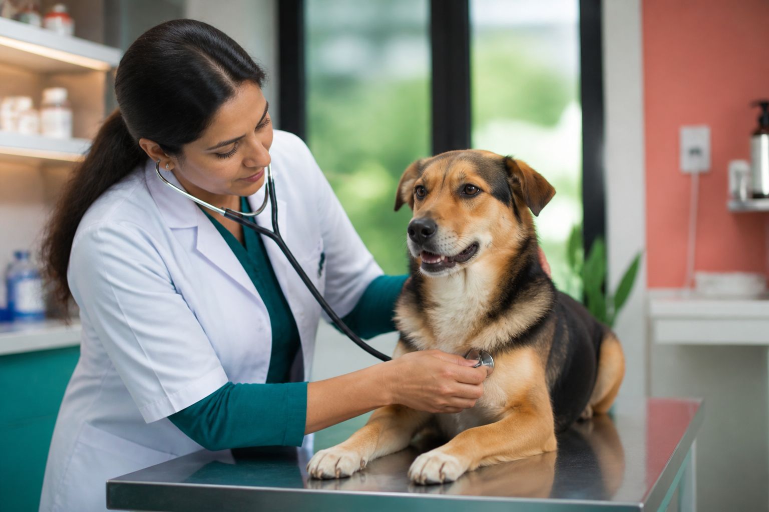 Veterinarian examining a dog during consultation at Happy Tails Pet Clinic
