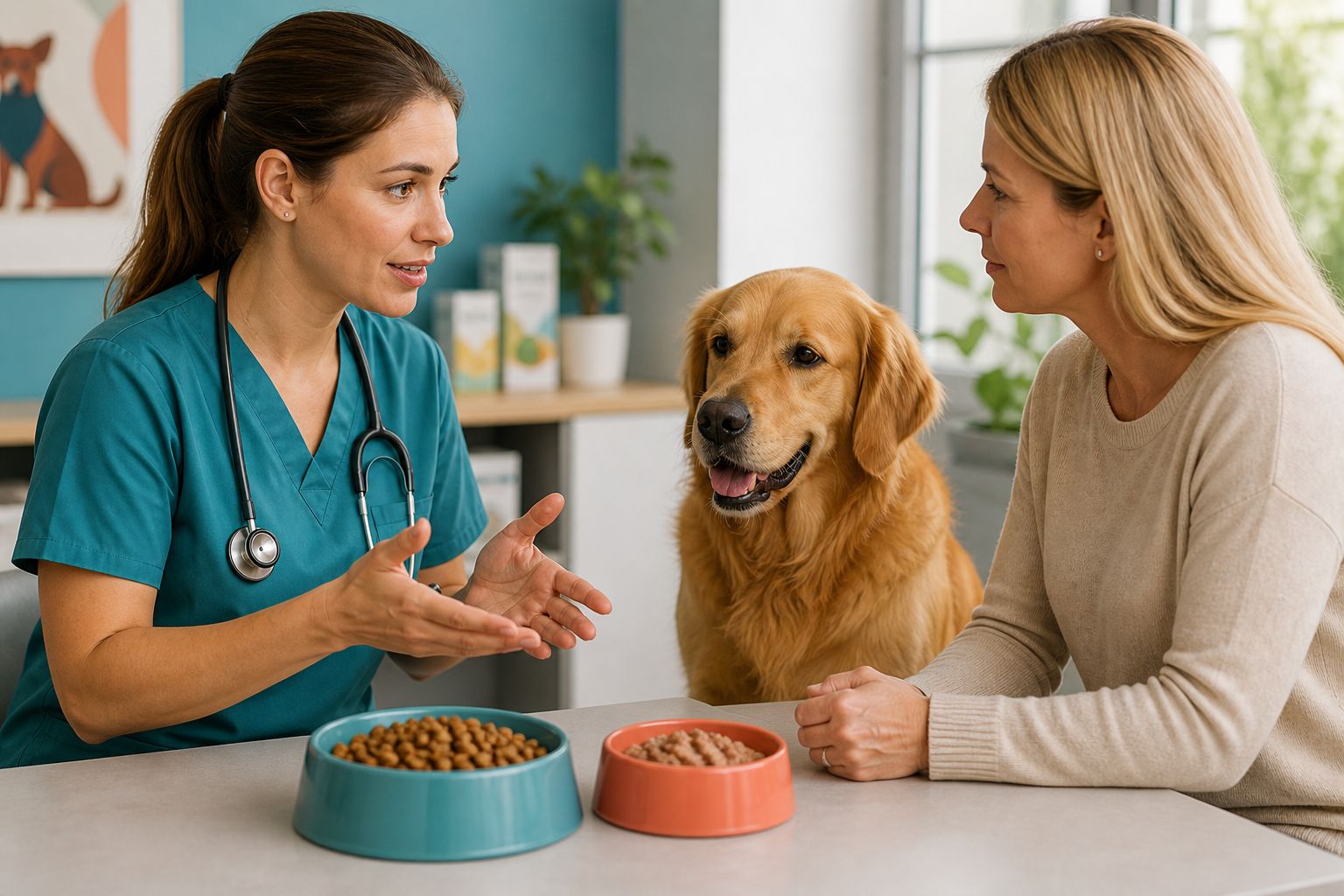 Veterinarian discussing pet nutrition and food choices with an owner